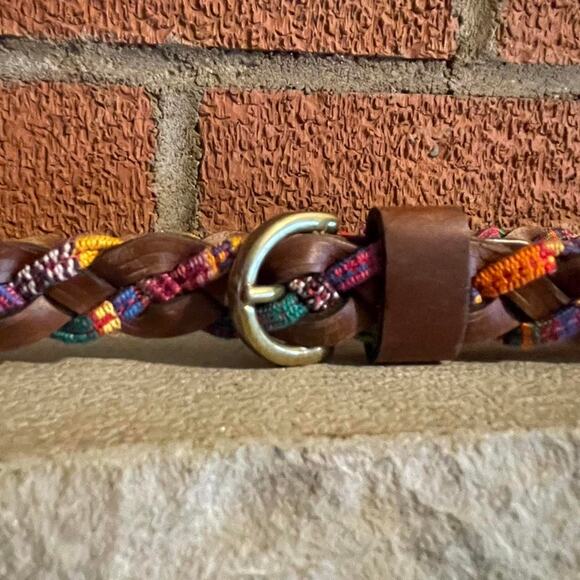Colorful Womens Leather Belt, Rainbow Cotton Pattern Woven w/ Brown, Size L - Picture 2 of 6